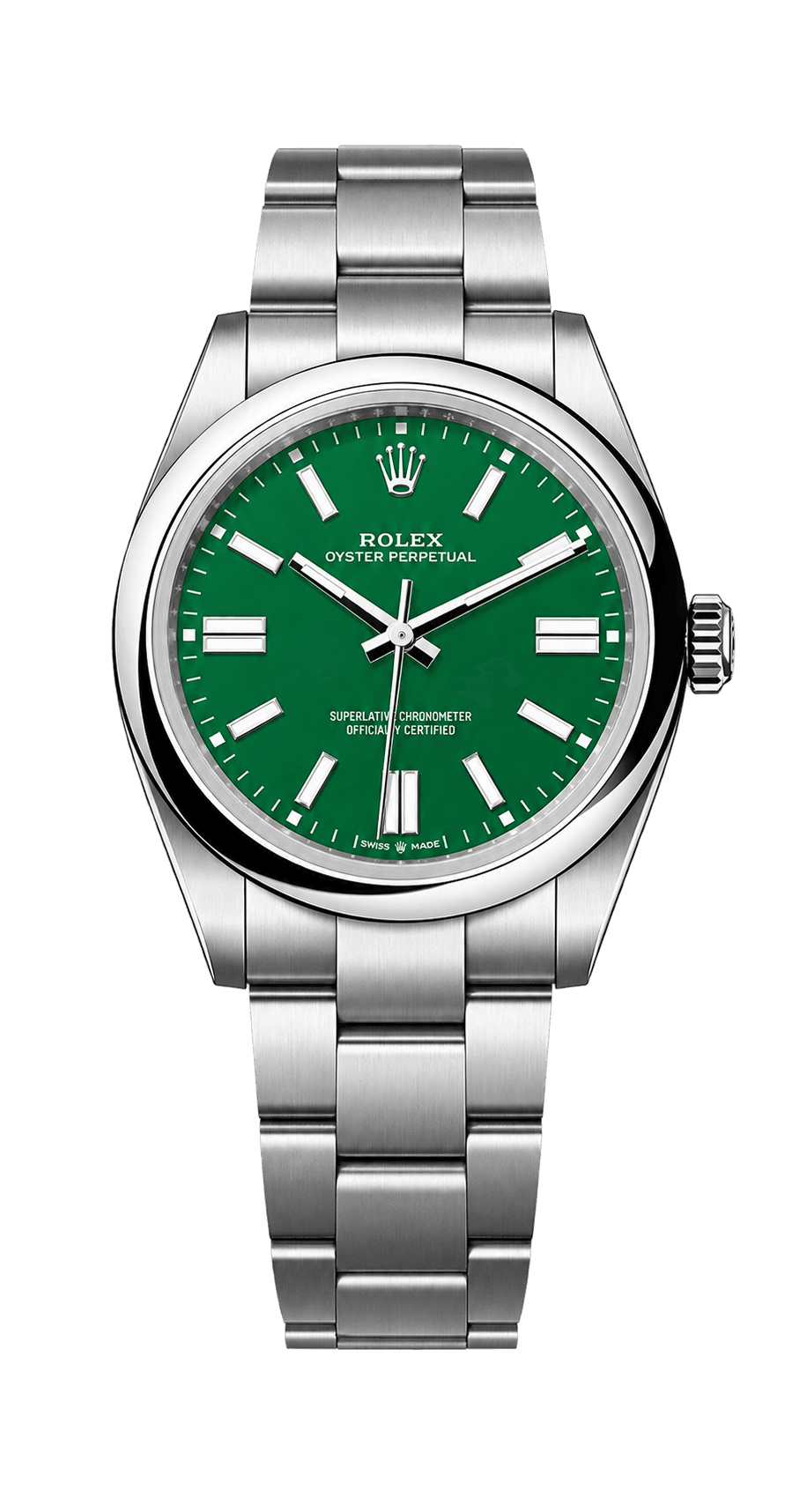 Silver Rolex watch with a green dial.